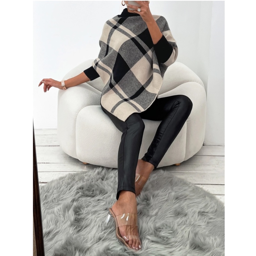 Plaid Poncho Style Sweater Turtleneck Beige Black - Picture 2 of 14